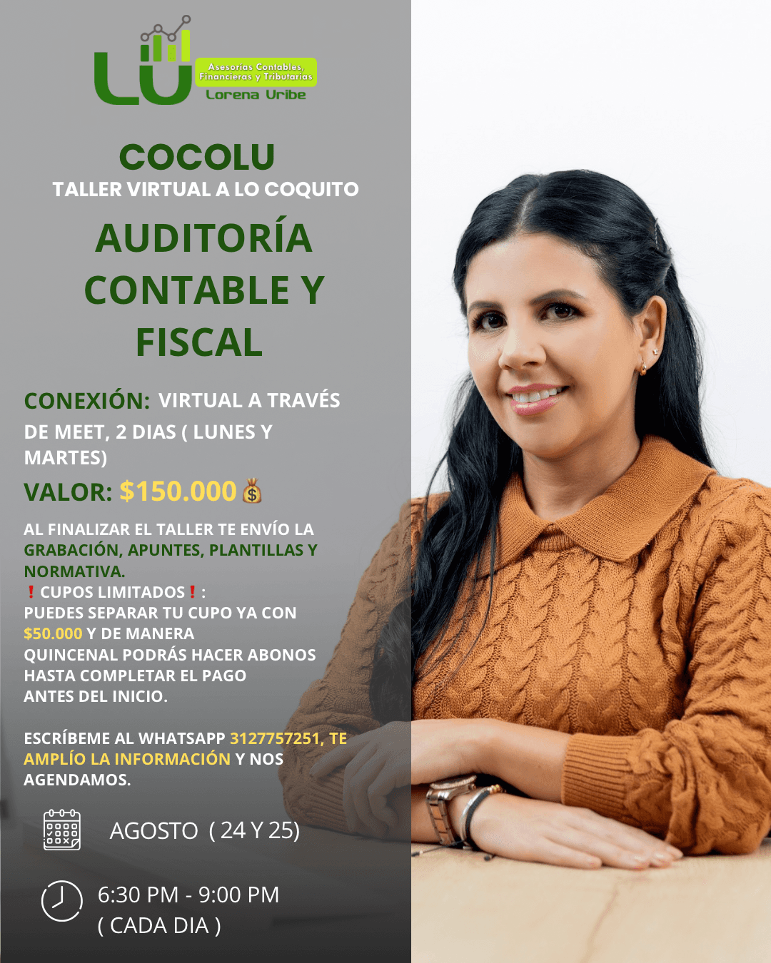 Flyer informativo del taller contable CocoLU de Lorena Uribe - Opción 1
