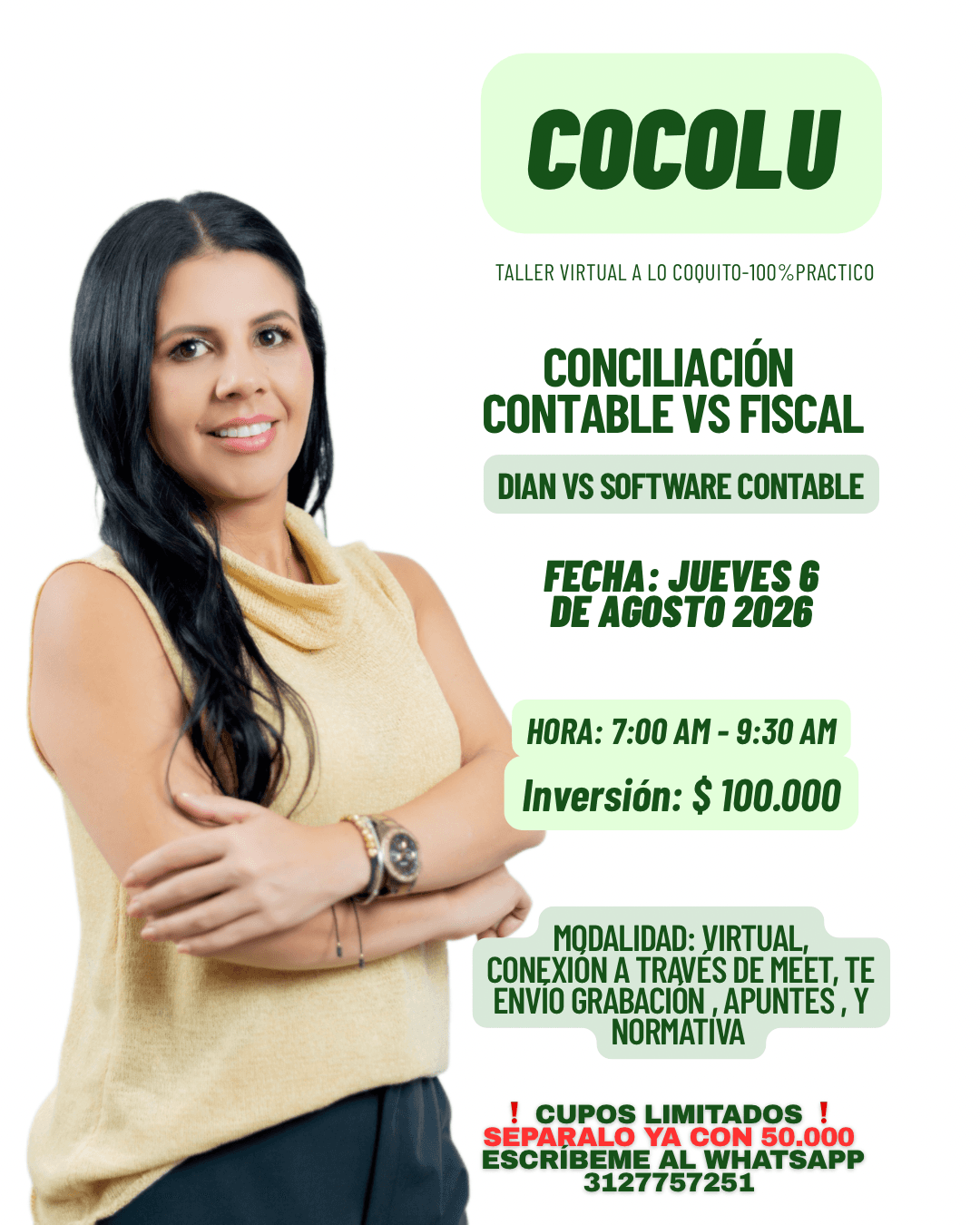 Flyer informativo del taller contable CocoLU de Lorena Uribe - Opción 3